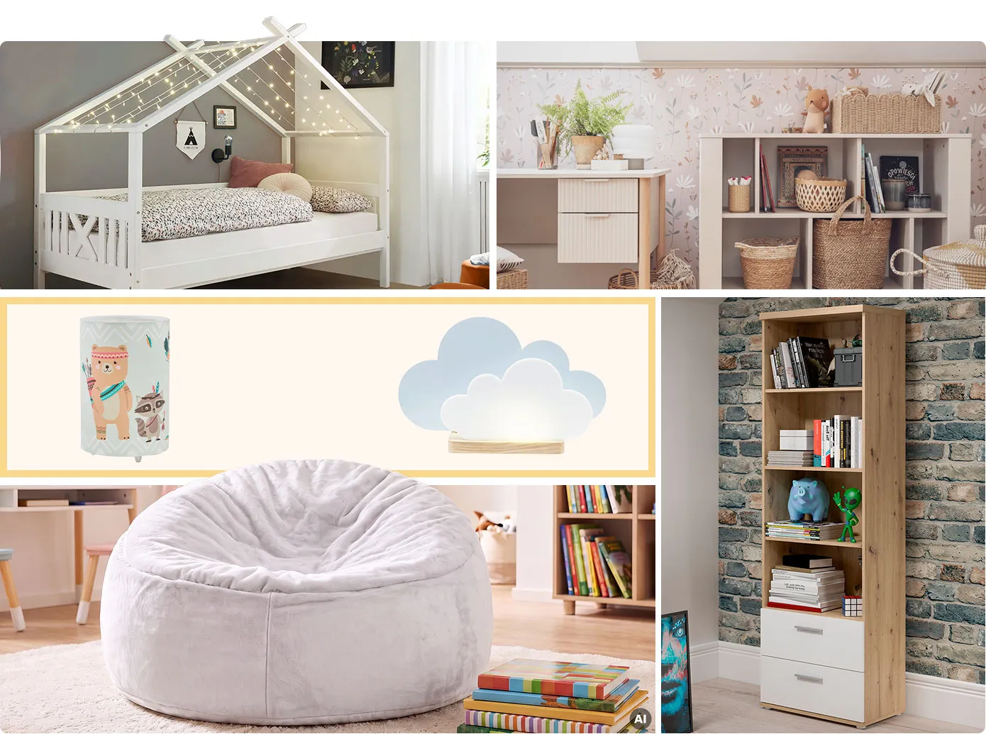 Collage aus 5 Bildern. Bild 1: Weißes Spielbett in Hausoptik, Lichterketten an Dachkonstruktion. Bild 2: cremefarbiger Schreibtisch und Regal mit Büchern, Spielzeug. Bild 3: Tischleuchte in Wolkenform, Tischleuchte aus Stoff mit Tiermotiven, Bild 4: Grauer Sitzsack in einem Kinderzimmer. Bild 5: Standregal in Holzoptik und Weiß mit Büchern und Deko