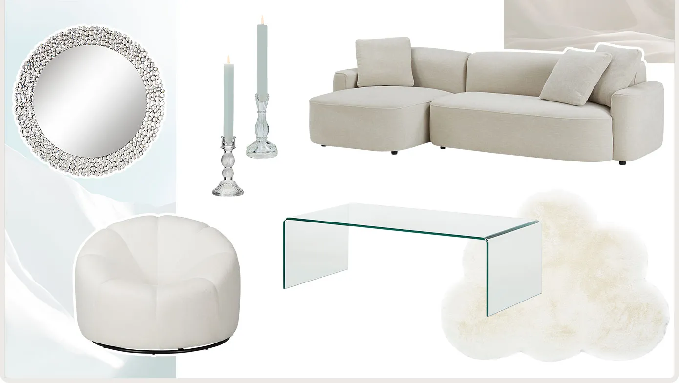 Collage mit verschiedenen Produkten. Beiges Sofa, runder silberner Spiegel, weißer runder Drehsessel, 2 Glas-Kerzenleuchter, Glas-Couchtisch und heller Fellteppich in Wolkenform