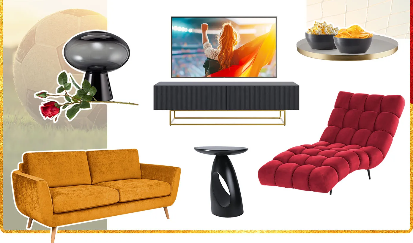 Collage: graue Vase, rote Kunstrose, senfgelbes Sofa, schwarzer Beistelltisch, rote Relaxliege, goldenes Tablett mit zwei schwarzen Schüsseln gefüllt mit Popcorn und Chips, schwarzes TV-Lowboard mit goldenem Fußgestell