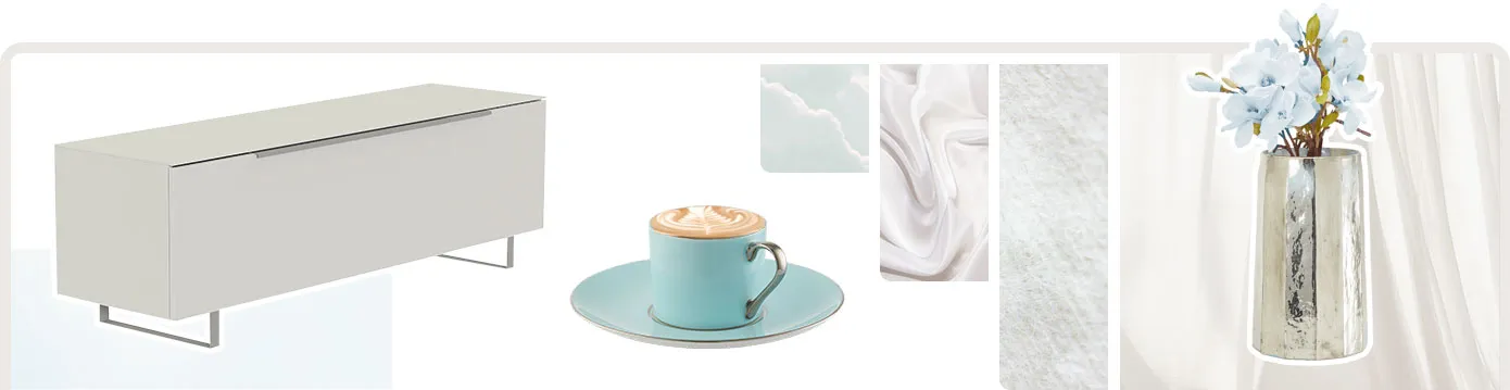 Collage mit verschiedenen Produkten und Mustern. Muster: hellen Vorhängen, weißer Strick, weißer Satinstoff, Wolken. Produkte: silberne Vase, hellblaue Espressotasse und beiges TV-Board.
