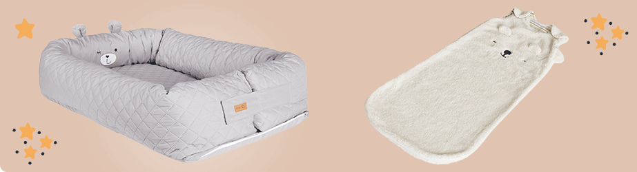 Collage Baby-Kuschelnest in Grau und Kuschelschlafsack Bär