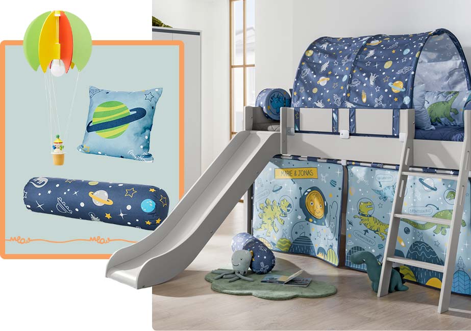 Collage:Bild 1 Kinder-Pendelleuchte Ballon, Kissen mit Planet, Nackenrolle, Bild 2 Kinderzimmersituation Hochbett mit Vorhängen und Zelt Dinos im Weltall
