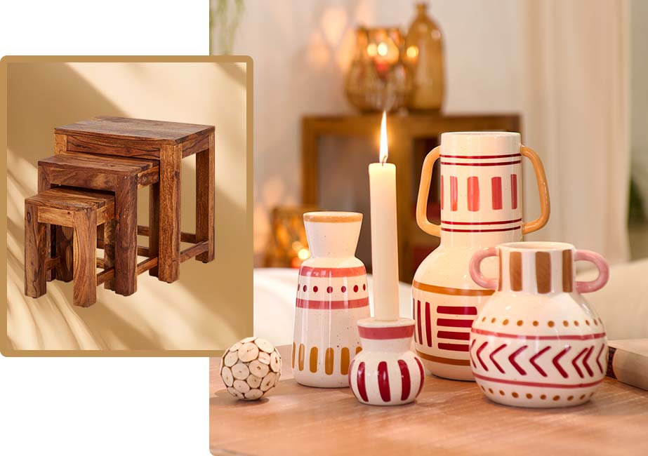 Collage aus 2 Bildern. Bild 1: Beistelltisch 3er-Set dunkelbraunes Holz. Bild 2: 3 Vasen und ein Kerzenständer im Ethnolook, cremefarben mit rotem Muster