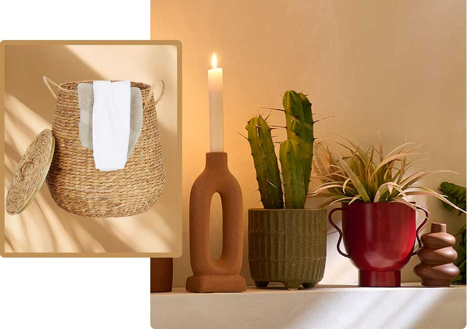 Collage aus 2 Bildern. Bild 1: Wäschekorb aus Seegras. Bild 2: brauner Kerzenhalter, 2 Übertöpfe in Grün und Rot, kleine braune Vase