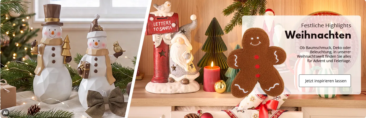 Festliche Highlights - Weihnachten. Ob Baumschmuck, Deko oder Beleuchtung, in unserer Weihnachtswelt finden Sie alles für Advent und Feiertage. Jetzt inspirieren lassen. AI-generiertes Bild: festlich dekorierter Tisch mit beleuchteter Tannengrün-Girlande, beige verpacktes Geschenk, 2 Deko-Schneemänner mit braunen und goldenen Akzenten, beige Deko-Schleife, im Hintergrund ein geschmückter Weihnachtsbaum, Fenster mit Schneelandschaft. Bild 2: Regal mit Weihnachtsdeko: Weihnachtsmann mit Briefkasten und Aufdruck Letters to Santa, rote LED-Kerze, Papier-Tannenbäume in Grün, Tannenzweige, braunes Kissen in Lebkuchenmann-Optik