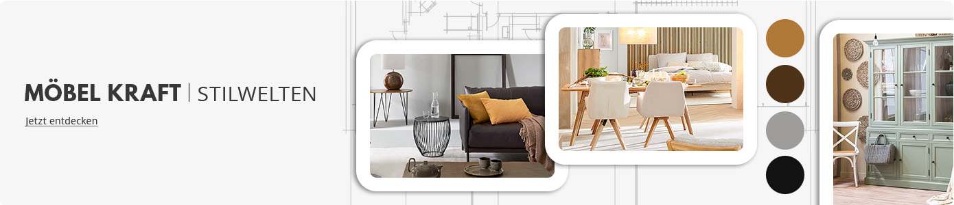 Collage mit einem Wohnzimmer und einem Esszimmer, Text: Stilwelten Möbel Kraft, jetzt entdecken.