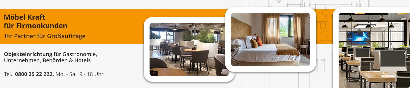 Möbel Kraft für Firmenkunden. Ihr Partner für Großaufträge. Objekteinrichtung für Gastronomie, Unternehmen, Behörden und Hotels. Telefon: 08003522222, Mo. - Sa. 9 - 18 Uhr. Drei Bilder zeigen ein Großraumbüro, ein Hotelzimmer, ein Restaurant