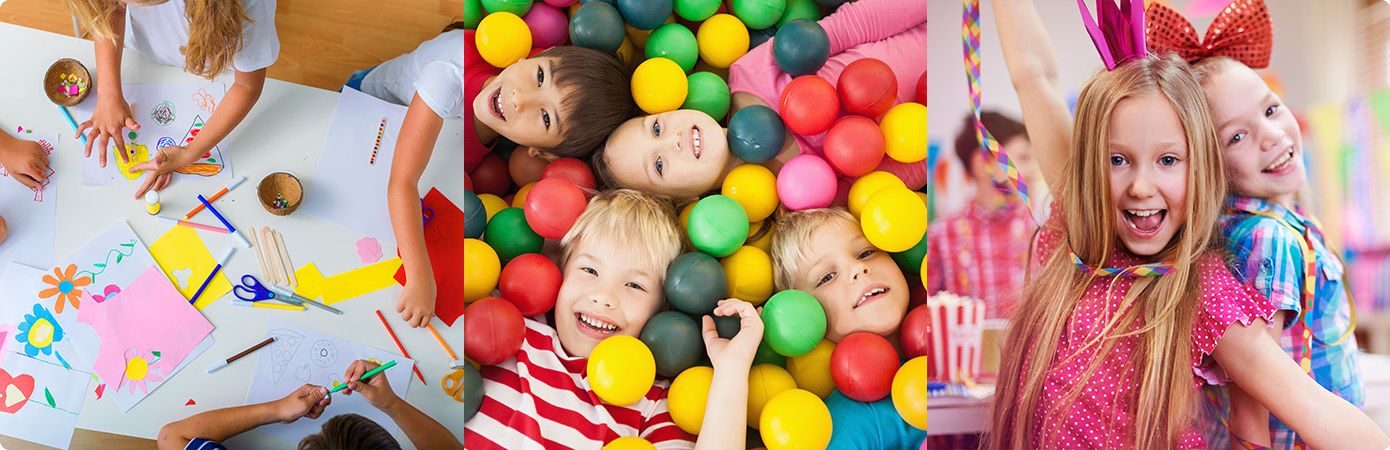 Collage: Spielende Kinder im Bällebad. Kinderhände malen am Maltisch, zwei Mädchen, Rücken an Rücken strecken die Arme aus. 