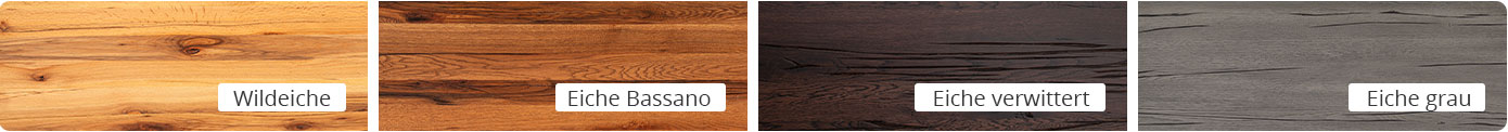 Detailbilder von 4 Hölzern: Wildeiche, Eiche Bassano, Eiche verwittert, Eiche grau