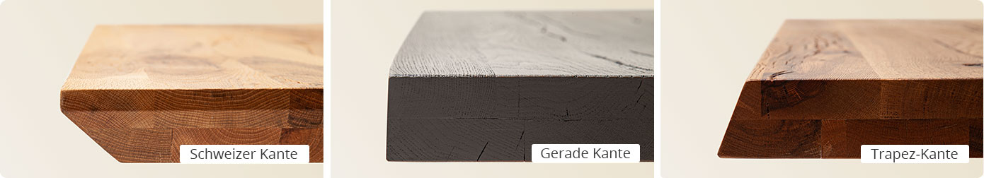 3 Detailbilder von Tischkantenoptiken: Schweizer Kante, gerade Kante, Trapez-Kante