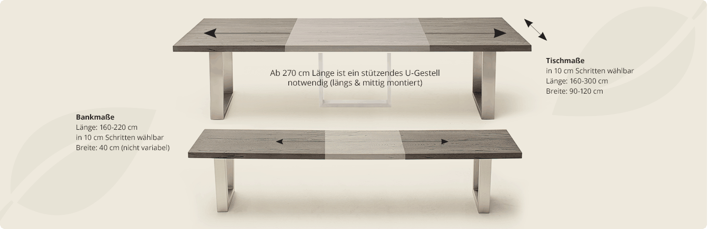 Tisch und Bank mit Hinweisen zur Größe: Tischmaße in 10 cm Schritten wählbar. Länge: 160-300 cm, Breite 90-120 cm. Ab 270 cm Länge ist ein stützendes U-Gestell notwendig (längs & mittig montiert). Bankmaße, Länge: 160-220 cm in 10 cm Schritten wählbar. Breite 40 cm (nicht variabel).