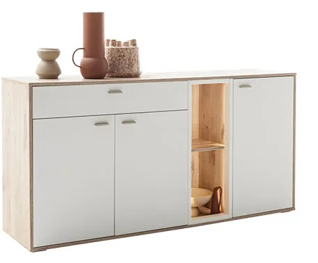 Sideboard in Holzoptik und Weiß, Deko