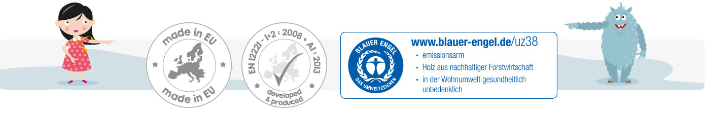 Grauer Balken mit blauen Klecksen mit Zeichnung eines kleinen dunkelhaarigen Mädchens mit rotem Kleid links und blaues Monster rechts – darauf Siegel – Siegel 1: Made in EU – Siegel 2: EN1221 – 1+2 : 2008 * AI: 2013 – developed & produced – Siegel 3: Blauer Engel – Das Umweltzeichen – www.blauer-engel.de7uz38 – emissionsarm – Holz aus nachhaltiger Forstwirtschaft – in der Wohnumwelt gesundheitlich unbedenklich