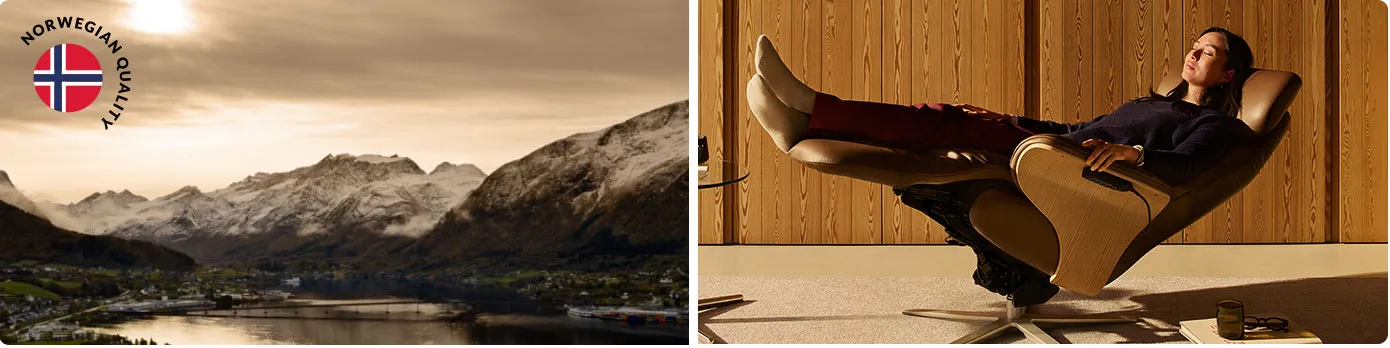 Frau liegt auf braunem Relaxsessl mit Holzakzenten. Norwegischer Fjord mit Stadt und Siegel Norwegian Quality, welches die norwegische Flagge abbildet