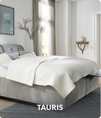 Tauris - Schlafzimmer mit grauem Polsterbett mit cremefarbiger Tagesdecke - im Vordergrund ein grauer Teppich