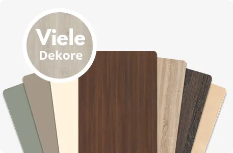 Fächer mit Holzdekoren in diversen Farben und Hinweis Viele Dekore