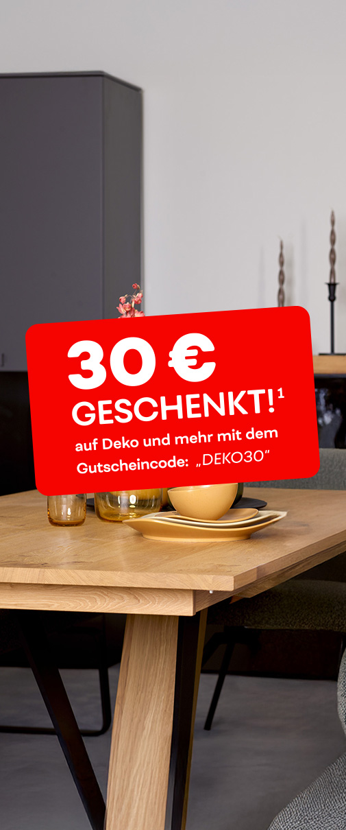 Ausschnitt Wohnsituation Esszimmer, Tisch, Stühle, Sideboard
Text: 30 Euro geschenkt! (1) auf Deko und mehr mit dem Gutscheincode: "DEKO30"