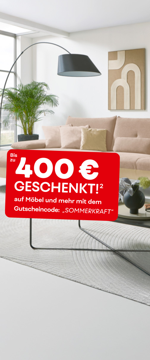 Garten mit Wiese, Sträuchern und Bäumen.
Text: Bis zu 600 Euro geschenkt! (2) auf Möbel und mehr mit dem Gutscheincode: "SOMMER25"
