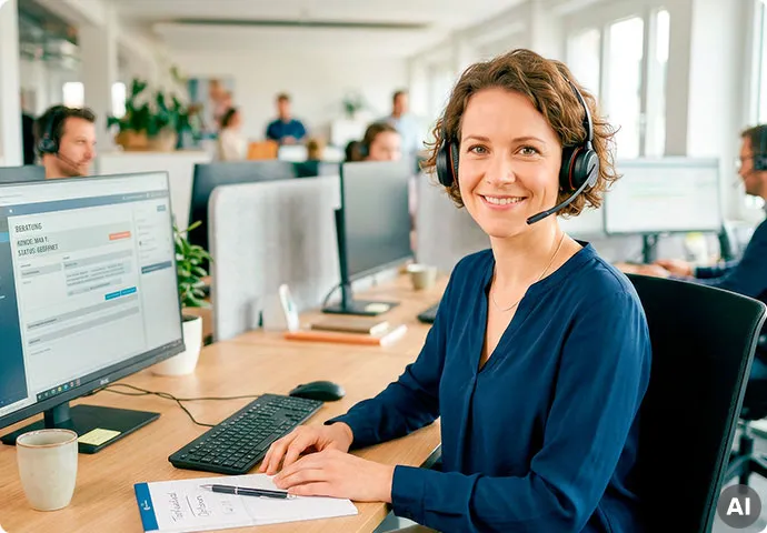 Frau mit Headset vor Computerbildschirm, im Hintergrund weitere Menschen mit Headset, AI