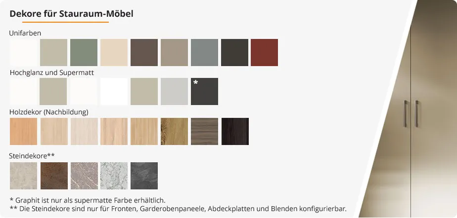 Dekore für Stauraummöbel mit Detailbildern der Dekore in Unifarben, Hochglanz oder Supermatt, Holzdekore (Nachbildung), Steindekore (Nachbildung). * Graphit ist nur als supermatte Farbe erhältlich. ** Die Steindekore sind nur für Fronten, Garderobenpaneele, Abdeckplatten und Blenden konfigurierbar.