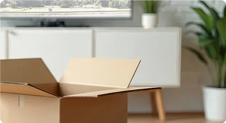 Ein geöffnetes Paket steht auf dem Boden. Im Hintergrund ist ein Wohnmilieu mit Holzboden, TV-Board und Fernseher
