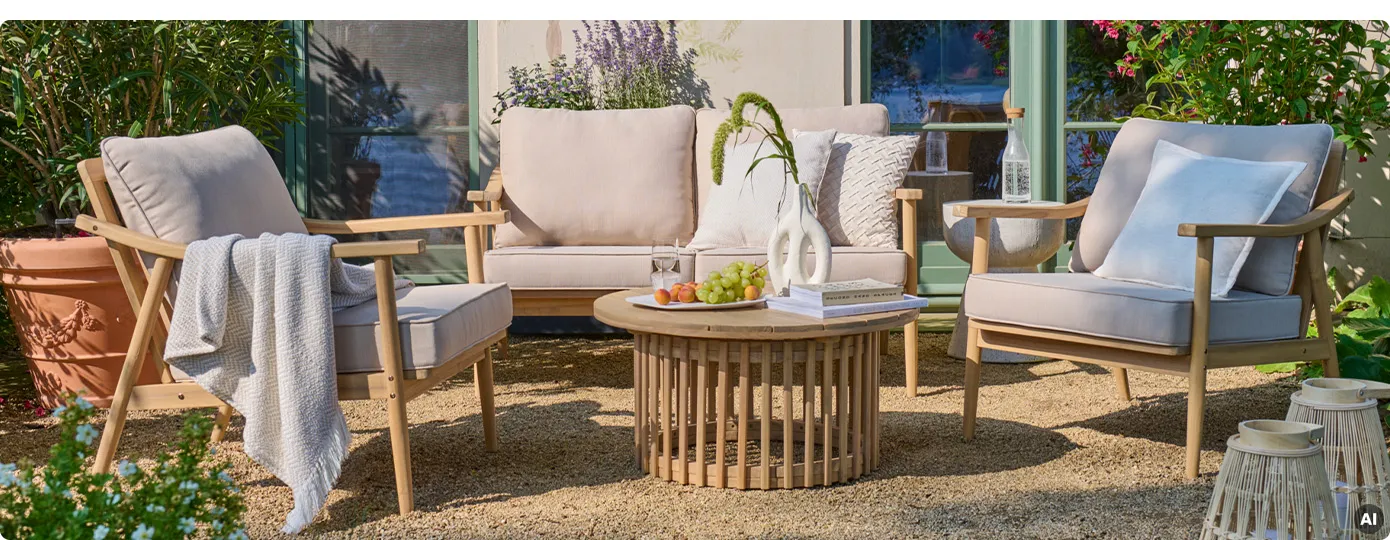Loungegartenmöbel-Set mit Gartensofa, zwei Gartensesseln & rundem Gartentisch aus Akazienholz, helle Sitzbezüge, AI