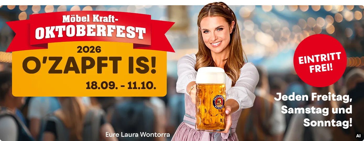 Möbel Kraft Oktoberfest, 2026, O´zapft is! 18.09. - 11.10.., Eintritt frei! Jeden Freitag,Samstag und Sonntag! Laura Wontorra im Dirndl hält ein Maß Bier, Schriftzug auf Glas Paulaner. Im Hintergrund Festzelt. AI