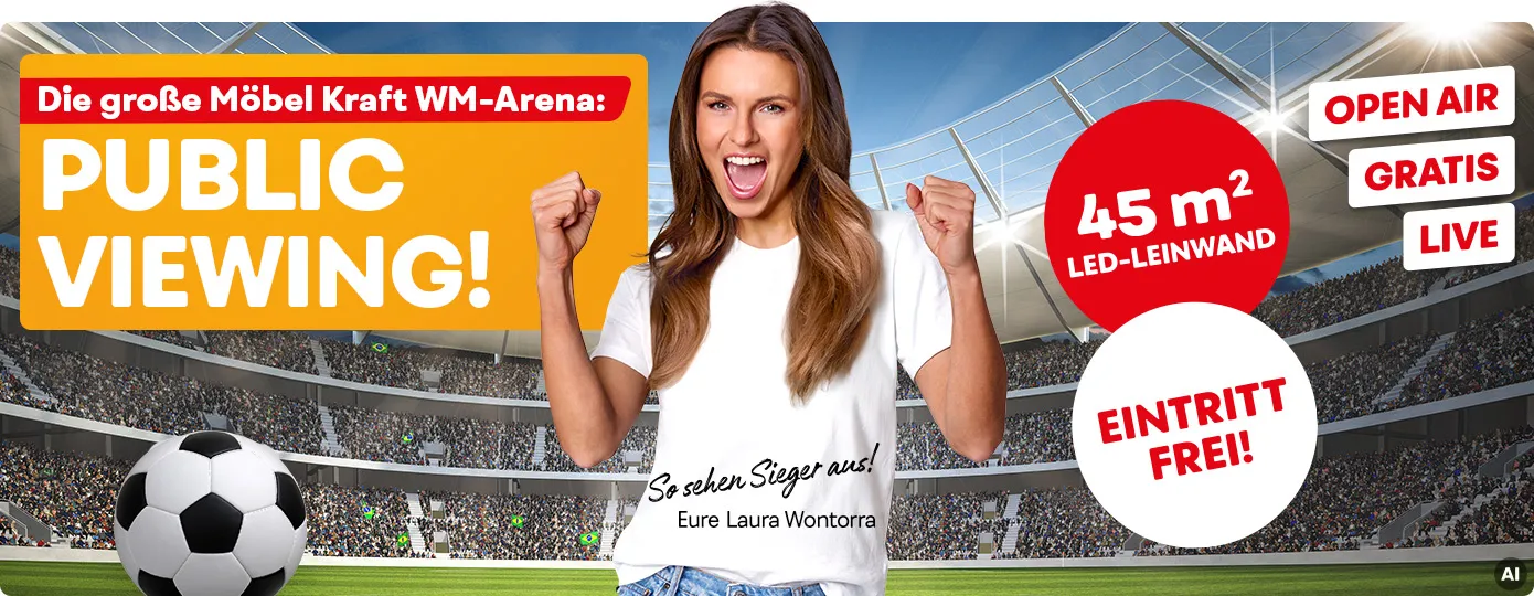 Die große Möbel Kraft WM Arena: Public Viewing! 45qm LED-Leinwand, Eintritt frei! Open Air, Gratis, Live. Hintergrund: Fußballstation. Vordergrund: Fußball, Laura Wohntorra mit Schriftzug "So sehen Sieger aus!" Eure Laura Wontorra, AI