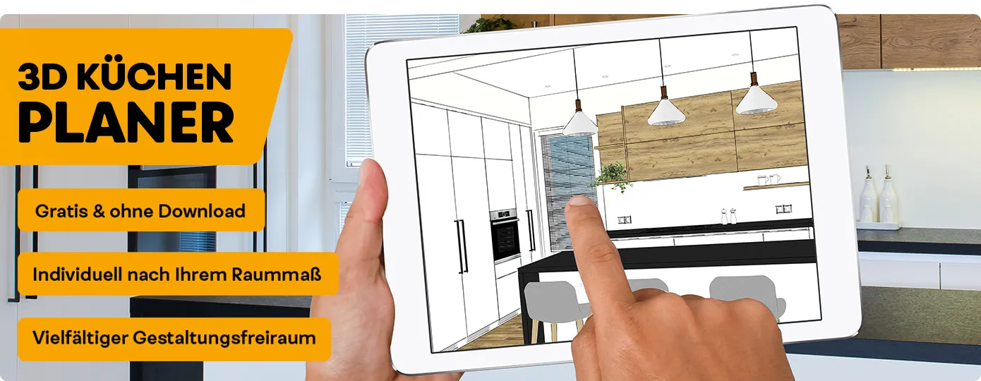 3D Küchenplaner. Gratis & ohne Download. Individuell nach Ihrem Raummaß. Vielfältiger Gestaltungsfreiraum. 2 Hände, die gezeichnetes Tablet halten, darauf eine Küchenplanung