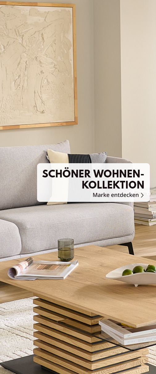 Wohnzimmer mit Einzelsofa in Hellgrau, 1 Couchtisch in Massivholz Eiche und Glasboden. Text Schöner Wohnen Marke entdecken