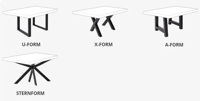 Zeichnung der Gestelle in wahlweise U-Form, X-Form, A-Form, Haarnadel-Form, Sternform