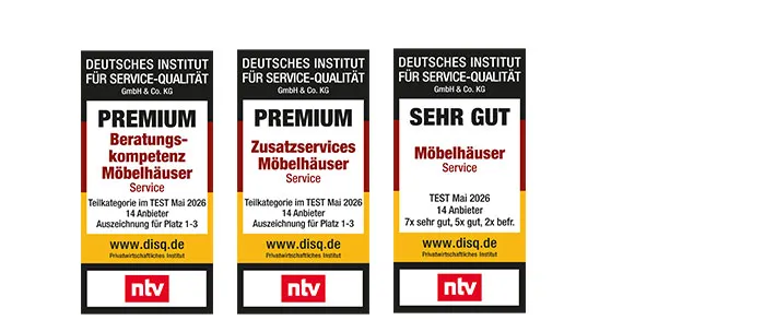 PREMIUM – Beratungskompetenz Möbelhäuser 2026 (ntv)Mehr Infos unter moebel-kraft.de/auszeichnungen - Deutsches Institut für Service-Qualität GmbH & Co. KG – PREMIUM Beratungskompetenz Möbelhäuser Service – Teilkategorie im TEST Mai 2026 ∙ 14 Anbieter ∙ Auszeichnung für Platz 1-3 – www.disq.de – Privatwirtschaftliches Institut – ntv" PREMIUM – Zusatzservices Möbelhäuser 2026 (ntv)Mehr Infos unter moebel-kraft.de/auszeichnungen - Deutsches Institut für Service-Qualität GmbH & Co. KG – PREMIUM Zusatzservices Möbelhäuser Service – Teilkategorie im TEST Mai 2026 ∙ 14 Anbieter ∙ Auszeichnung für Platz 1-3 – www.disq.de – Privatwirtschaftliches Institut – ntv" PREMIUM – SEHR GUT Möbelhäuser Service 2026 (ntv)Mehr Infos unter moebel-kraft.de/auszeichnungen - Deutsches Institut für Service-Qualität GmbH & Co. KG – SEHR GUT Möbelhäuser Service – TEST Mai 2026 ∙ 14 Anbieter ∙ 7x sehr gut, 5x gut, 2x befr. – www.disq.de – Privatwirtschaftliches Institut – ntv"