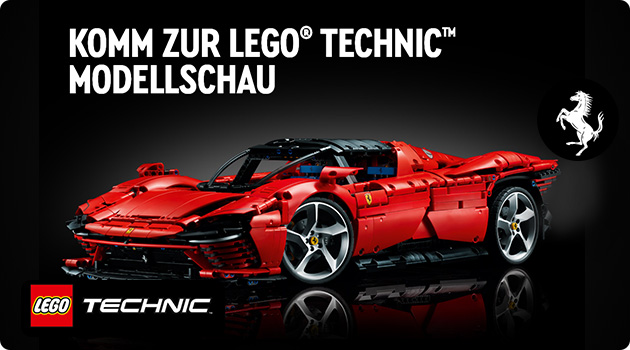 Rotes LEGO® Technic™ Replik Ferrari Daytona SP3. Text: Komm zur LEGO® Technic™ Modellschau. Logo LEGO TECHNIC. Symbol Ferrari Cavallino Rampante aufbäumende Pferd.