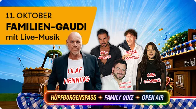 11. Oktober. Familien-Gaudi, kunterbuntes Programm. Text: Hüpfburgenspass, Familien Quiz, Open Air. Bild von Olaf Henning, Andy Andreas, Pascal Krieger, Giuseppe Angelone, Gina Gambino. Hingrund Oktoberfestfeeling.