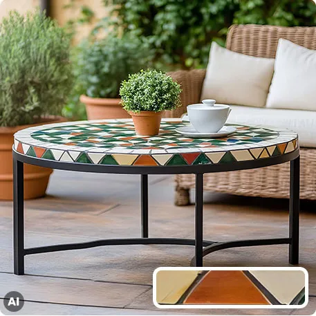 Mosaiktisch auf Terrasse, AI. Nahaufnahme Mosaik