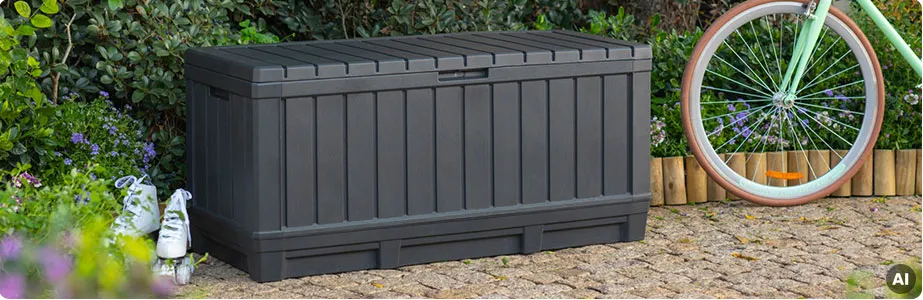 Dunkelgraue Auflagenbox in Garten, AI
