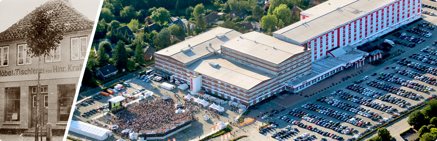 Collagen aus 2 Bildern. Bild 1: Historische Fotografie der Tischlerei von Hinrich Kraft in Schwarz/Weiß. Bild 2: Außenaufnahme vom Möbel Kraft Einrichtungshaus mit Parkplatz und Eventarena.