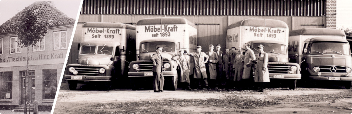 Collagen aus 2 Bildern. Bild 1: Historische Fotografie der Tischlerei von Hinrich Kraft in Schwarz/Weiß. Bild 2: LKWs von Möbel Kraft 1893 mit Mitarbeitern davor