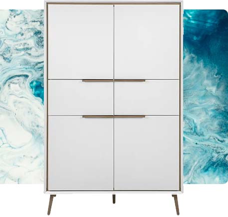 weißes Highboard mit Holzakzenten