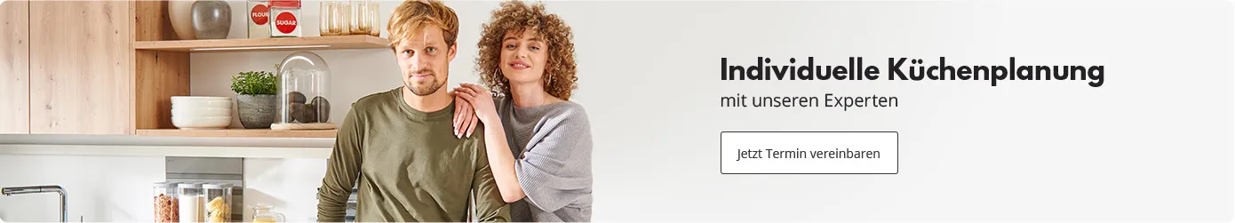 Zwei Personen (Mann und Frau) in Küche. Text: Individuelle Küchenplanung mit unseren Experten. Jetzt Termin vereinbaren