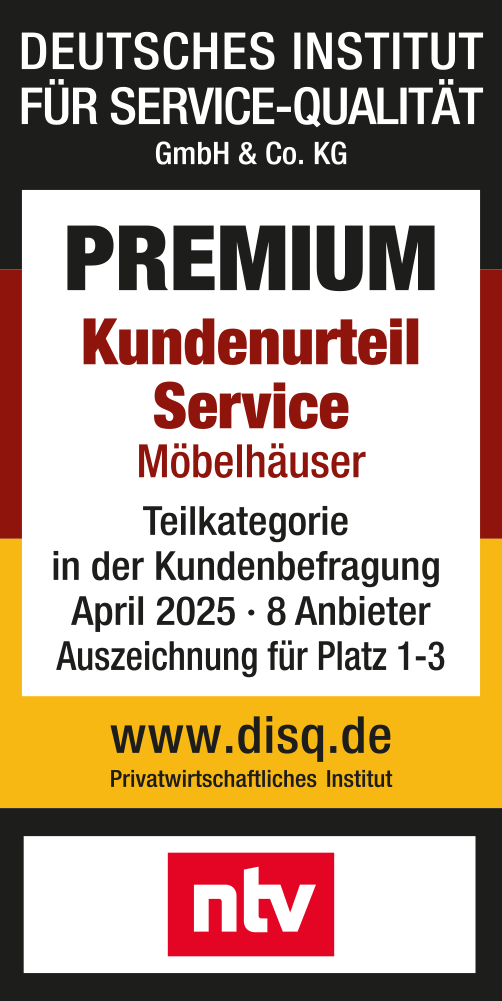 Mehr Infos unter moebel-kraft.de/auszeichnungen - Deutsches Institut für Service-Qualität GmbH & Co. KG – PREMIUM Kundenurteil Service Möbelhäuser – Teilkategorie in der Kundenbefragung April 2025 ∙ 8 Anbieter ∙ Auszeichnung für Platz 1-3 – www.disq.de – Privatwirtschaftliches Institut – ntv