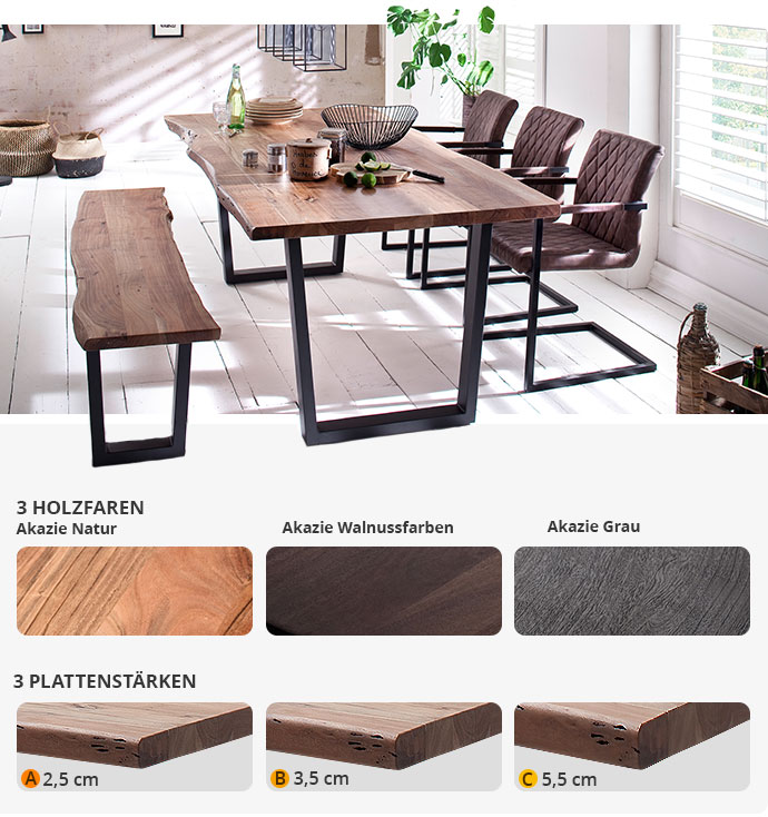 Collage aus 2 Bildern – Bild 1: Tischgruppe mit Esstisch und Bank mit Platte aus Holz und Trapezgestell in Anthrazit – Bild ist unten teilweise freigestellt, wobei Teile der Gestelle auf einen grauen Hintergrund ragen – Bild 2: Detailbilder von 3 Holzdekoren mit Hinweis „3 Holzfarben, Akazie Natur, Akazie Walnussfarben, Akazie Grau“ sowie Detailbilder von 3 Plattenstärken mit Hinweisen zur Größe A=2,5 cm, B=3,5 cm, C=5,5 cm