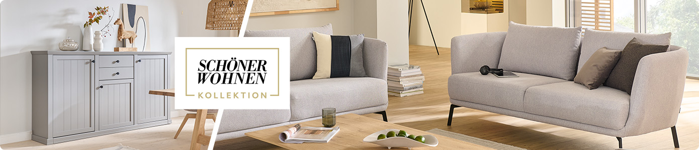 Collage, 1 Wohnzimmer mit 2 Einzelsofas in Hellgrau, 1 Couchtisch in Massivholz Eiche und Glasboden, Vitrine in Weiß und Glas, 1 Wohnraum mit Highboard in Steingrau. Logo Schöner Wohnen Kollektion.