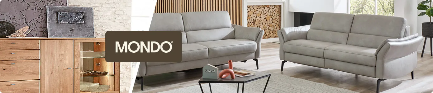 Logo Mondo. Bild 1: Sideboard in Natur. Bild 2: Beiges Ecksofa, schwarzer Couchtisch in Wohnzimmer.