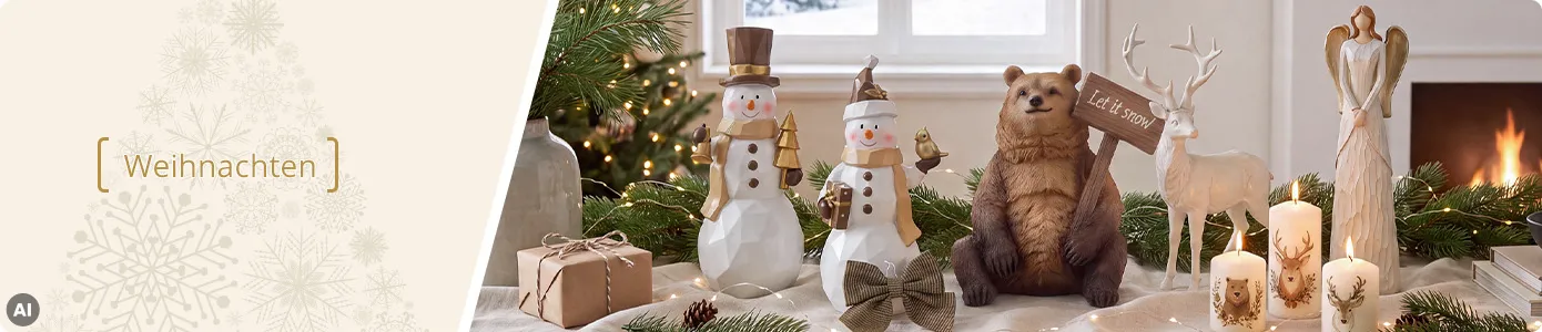 Weihnachten. KI-generiertes Bild: festlich dekorierter Tisch mit beleuchteter Tannengrün-Girlande, verpacktes Geschenk, 2 Deko-Schneemänner mit braunen und goldenen Akzenten, beige Deko-Schleife, brauner Deko-Bär mit Let it snow!-Schild im Arm, weißer Deko-Hirsch, 3 unterschiedliche große brennende Kerzen mit Bären- oder Hirschmotiven, Deko-Engel in Creme und Gold, im Hintergrund ein geschmückter Weihnachtsbaum, Fenster mit Schneelandschaft, brennender Kamin.