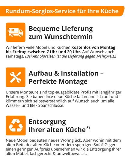 Bequeme Lieferung zum Wunschtermin, Aufbau & Installation - Perfekte Montage, Entsorgung Ihrer alten Küche