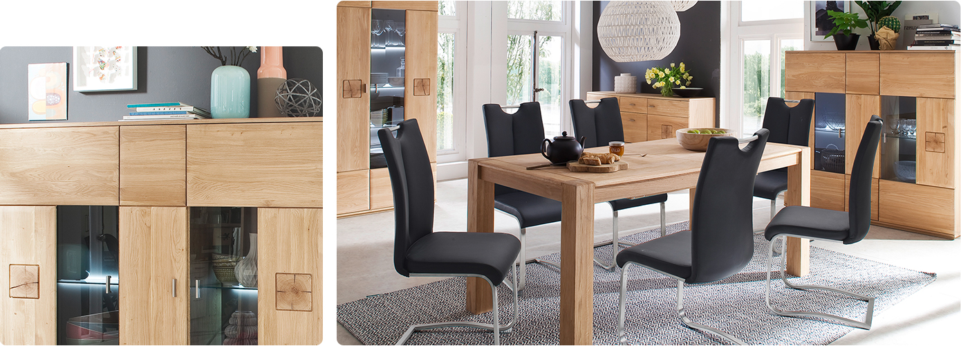 Collage aus 2 Bildern, Bild 1: Nahaufnahme Sideboard. Bild 2. Esszimmer mit Holzmöbeln, bestehend aus Esstisch in Holzoptik und schwarzen Freischwinger-Stühlen, Sideboard und Kommode.