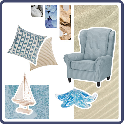 Collage mit dunkelblauem Rahmen: Kissen in Beige & Türkis mit Zickzack-Muster, Kissen mit Creme-beigem Streifenmuster, Pendelleuchte aus Rattan, Deko-Segelschiff, Blauer Cord-Sessel, blau-weißer Glas-Seestern