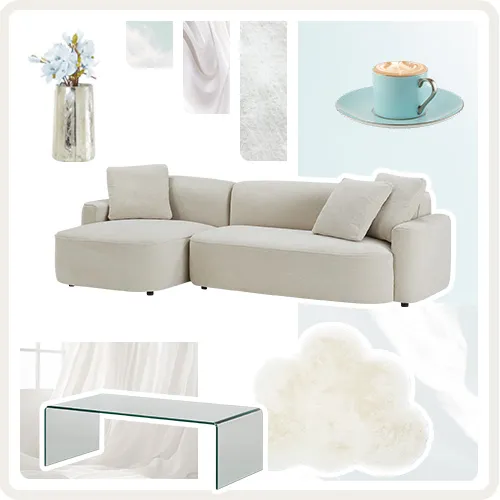 Collage mit Produkten im Farbton Cloud Dancer: Sofa, Vase, Espressotasse, Fellteppich, Couchtisch