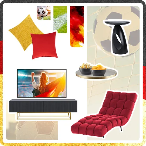 Collage aus Produkten in Schwarz, Rot & Gold: Kissen, Beistelltisch, TV-Board, Relaxliege, Tablett
